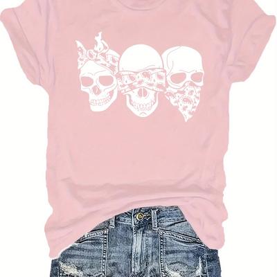 TEMU Plus Size Skull Print T-shirt, Casual Short Sleeve Crew Neck Top For Summer & Spring, Women's Plus Size Clothing Image