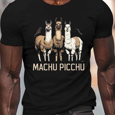 TEMU Llamas Graphic Tee, Men's Casual Crew Neck Short Sleeve T-shirt, 100% Polyester Knit Fabric, Stretch Summer Top Image