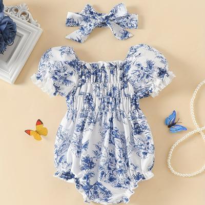 TEMU Gjkewq Girls' Floral Print Ceramic Bodysuit With Matching Headband - Cute , Shoulder Detail, Machine Washable, Playtime And Special Occasions, Cute Clothe, For Outdoor Image