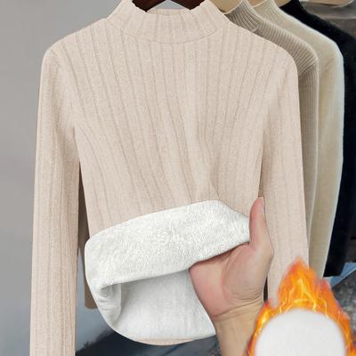 TEMU Women's Casual Plush Sweater - Soft Stretchy Long Sleeve Stand Collar Top, Solid Color Machine Washable Regular Fit, Sweater, Everyday , Minimalistic Design, Comfortable Knitwear Image