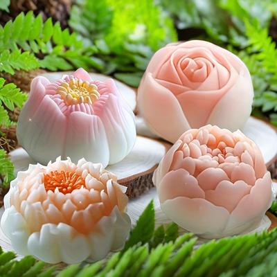 TEMU 4pcs Set Of Rose, Hibiscus, Lotus And Peony Silicone Molds, Candle Resin Ice Cube Mousse Cake Pastry Silicone Molds Image