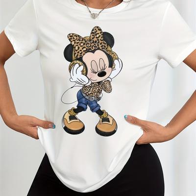 TEMU Women's Cute Mouse T-shirt With Leopard Bow - Cartoon Style, Short Sleeve, Round Neck, White Top With Applique Detail, Spring/summer, Casual Wear| Design| Applique Detailing Image