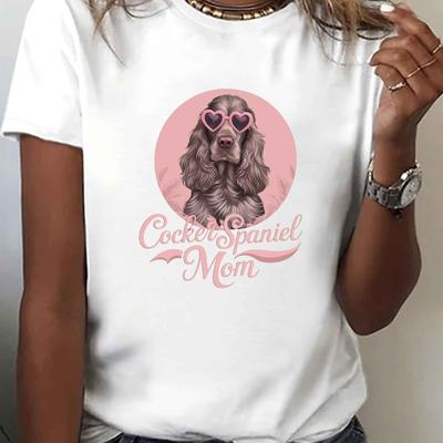 TEMU Women's Mom Graphic T-shirt With Glasses & Pink Lettering - Casual Short Sleeve Crew Neck Top, Medium Washable , Dog Tshirt, Mediumstretch Fabric Image