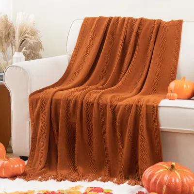 Battilo Caramel Throw Blanket for Bed Couch Chair Plaid Knit Throws Fall Sofa Blanket Lightweight Knitted Blanket for Home Decor