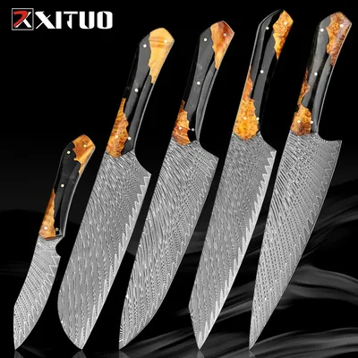 Damascus Steel Kitchen Knife Set 1-5pcs Full Tang Chef knife Santoku Knife Sharp Paring Knife hand-forged steel blade Knives