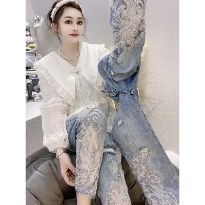 Summer Pants for Woman and Capris Straight Leg Rhinestones Transparent Women's Jeans Lace Grunge Y2k Spring Pants