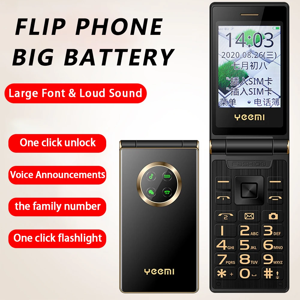Yeemi M3-1 2G Feature Phone Big Push-Button Flip Phone 2.8 Inch Dual SIM 1800mAh FM Radio Cellphone For Old Man Russian Keyboard