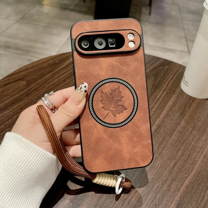 Retro Schaffell Ahorn Blätter Telefon Fall Für Google Pixel 9A 8A 7A 8 9 Pro XL Magnetische Drahtlose Ladung hängen Seil Leder Abdeckung Image