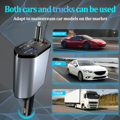 120 W einziehbares Autoladegerät, 4-in-1, schnelles Autotelefon-Ladegerät, 2 einziehbare Kabel, USB-Autoladegerät für iPhone, Samsung, Xiaomi, iPad