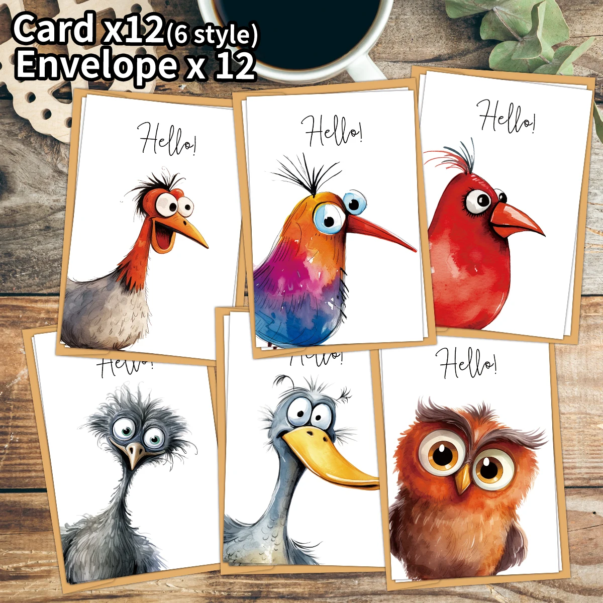 12 lustige Aquarell-Vogel-Hallo-Grußkarten mit Umschlägen, leere Seite für Familie, Freunde, alle Gelegenheiten, Geburtstagswünsche, Geschenke Image