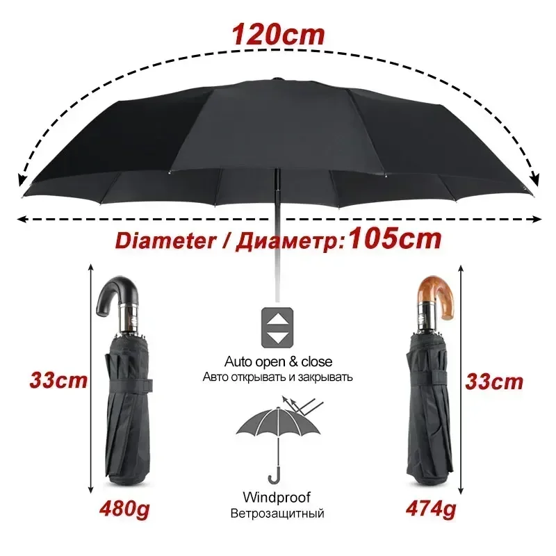 Britischer Ledergriff-Regenschirm für Herren, automatisch, Business, 10 Rippen, stark, winddicht, 3 faltbar, großer Regenschirm, Regenfrau, hochwertiger Sonnenschirm Image