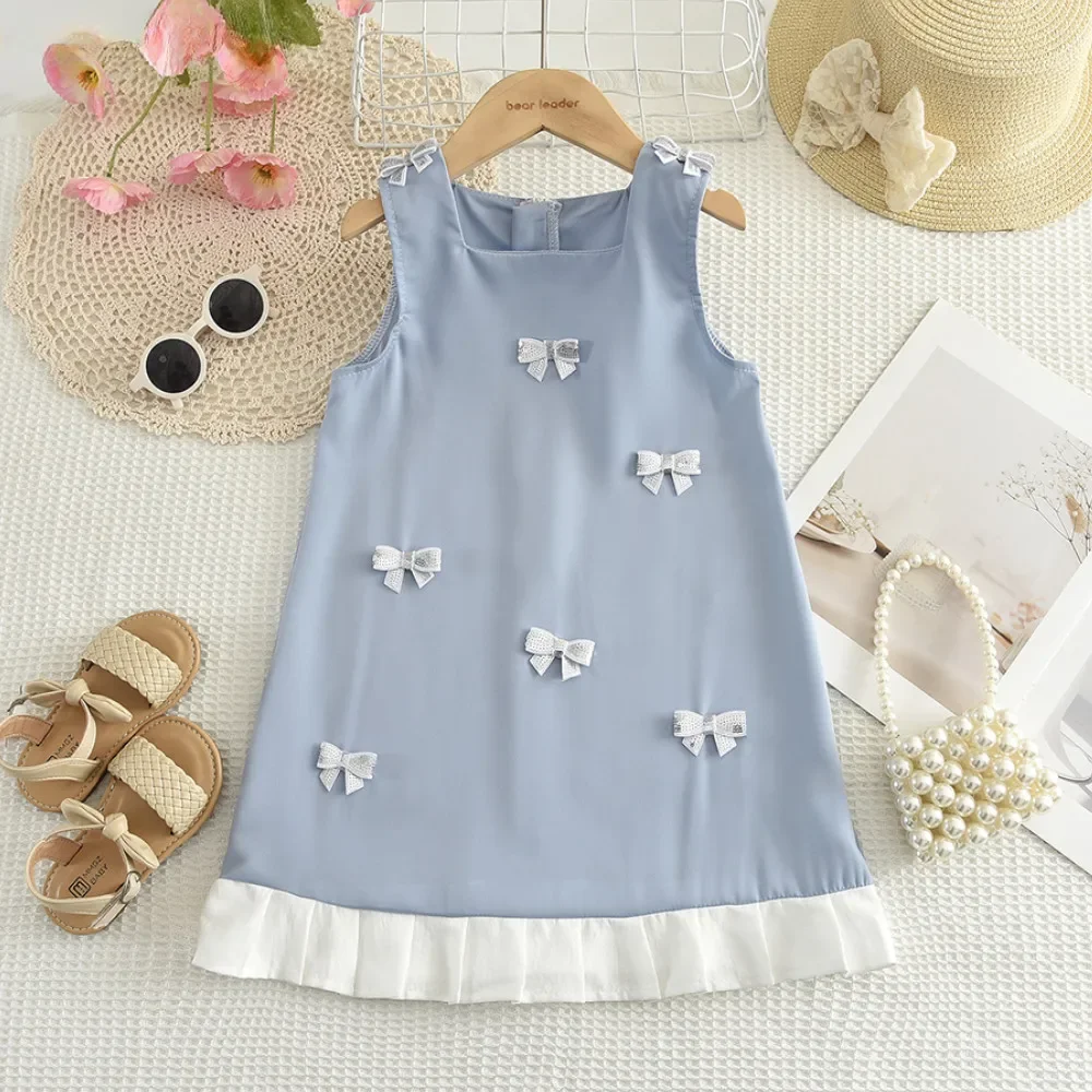 Sommer Neue Blau Kinder Kleidung Koreanische Version Party Hochzeit Bogen Pailletten Rüschen Geburtstag Kleid Baby Mädchen Süße Ärmellose Tragen Image