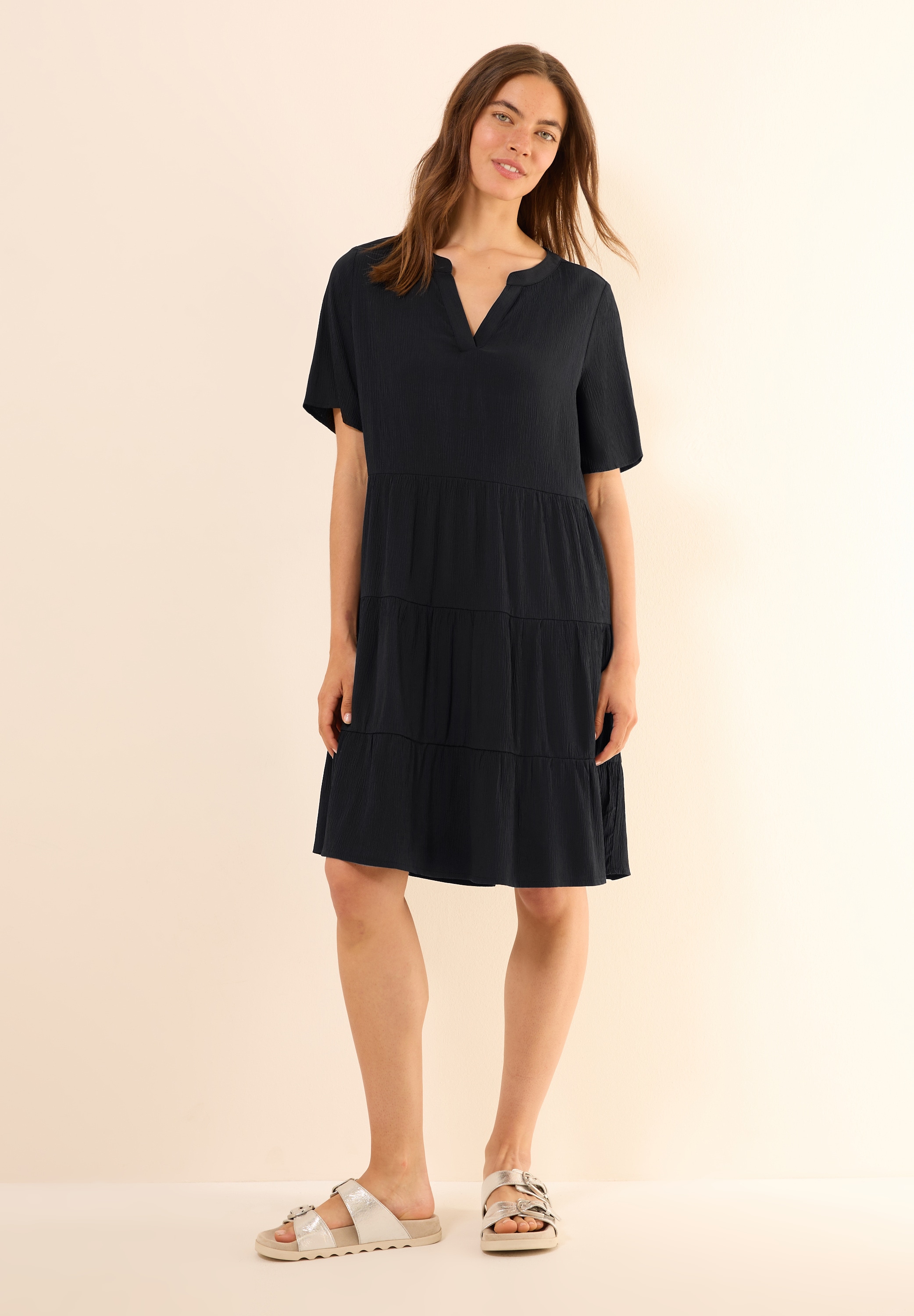 Sommerkleid CECIL, Damen, Gr. XXL (46), US-Größen, schwarz, Stoff, 70% Viskose, 30% Polyester, Strukturmuster, normal knieumspielend, Rundhals, abgesteppt, Kleider Sommerkleid, in Unifarbe