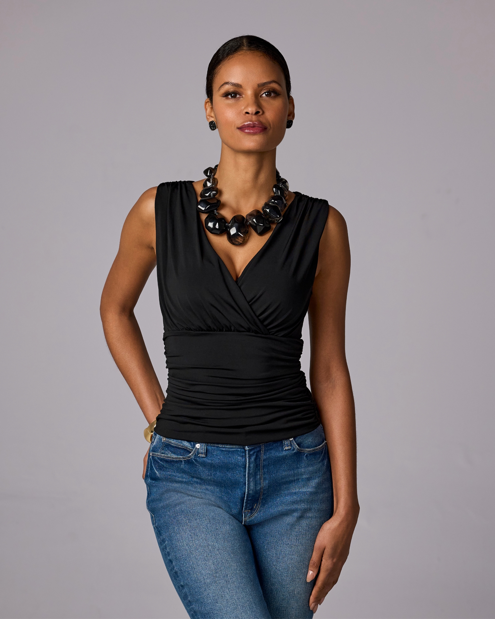 Boston Proper - Proper Black - So Chic Surplice Ruched Top - XS