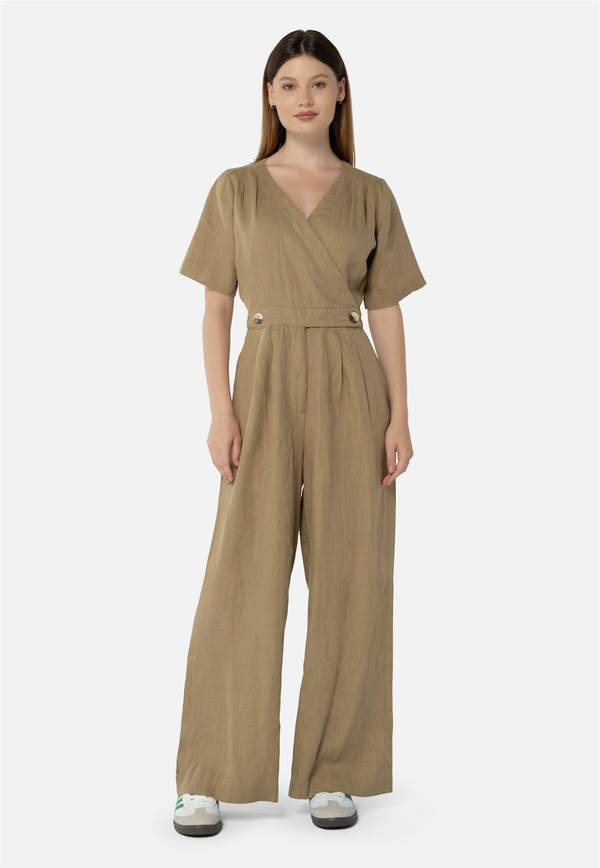 Jumpsuit FRESHLIONS "Kira", Damen, Gr. S, EURO-Größen, braun, 100% Leinen, lang, V-Ausschnitt, Overalls Jumpsuit, im klassischen Design