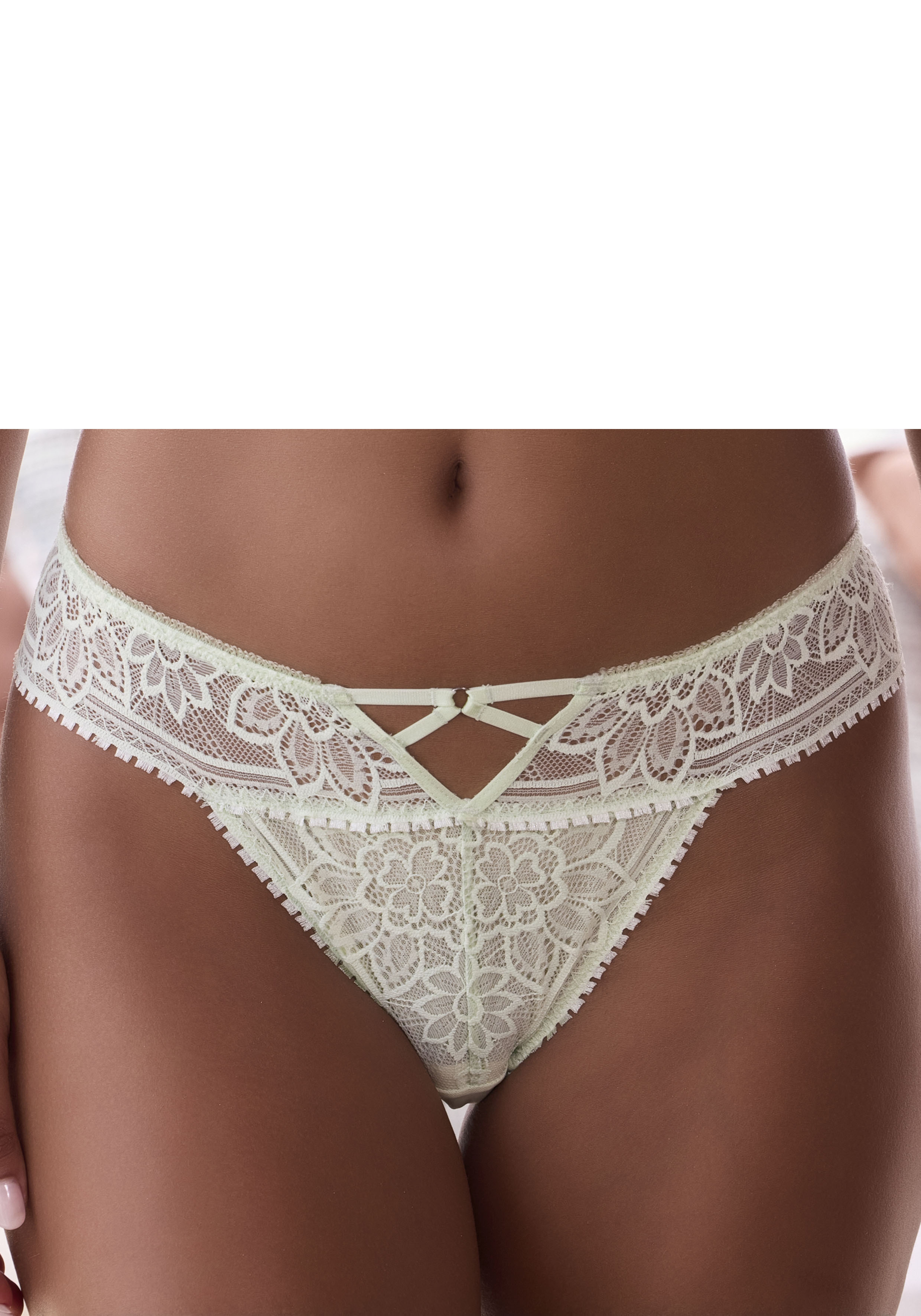 String LASCANA, Damen, Gr. 44/46, grün (hellmint), Spitze, Obermaterial: 90% Polyamid, 10% Elasthan, Unterhosen, mit edlem Cut-Out aus floraler Jacquardspitze Image