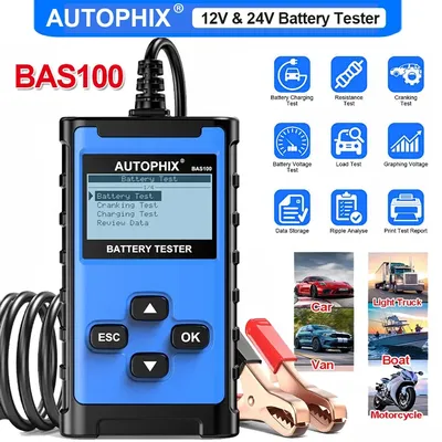 AUTOPHIX BAS100 Digital 12V 24V Battery Analyzer 100-1100CCA Battery Health/Load/Cranking/Charging