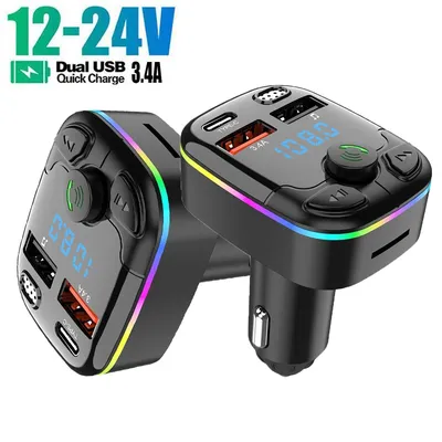3.4A Car Charger Bluetooth 5.0 Car FM Transmitter PD Type-C Dual USB Ambient Player MP3 Charger