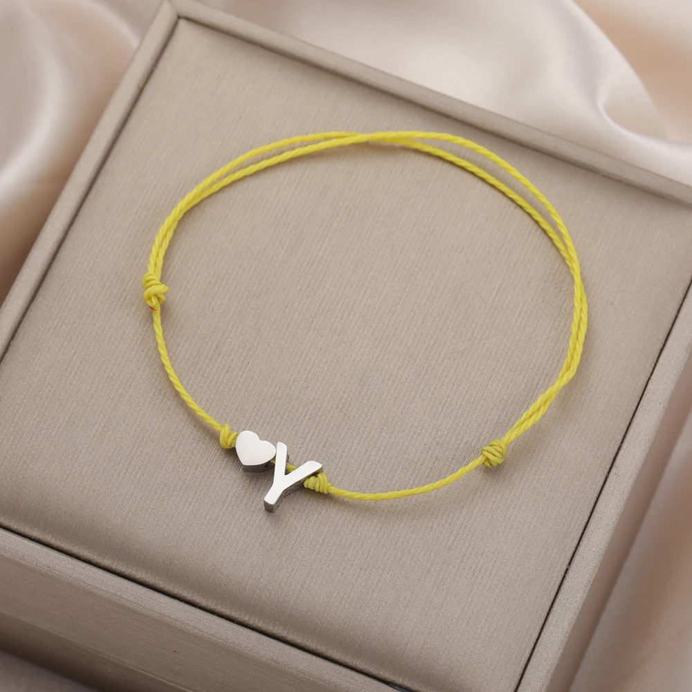 Dawapara – Bracelet à breloques en forme de cœur, lettre A-Z, cordon de cire réglable, chaîne, bijoux bohème, Bracelet minimaliste en acier inoxydable
