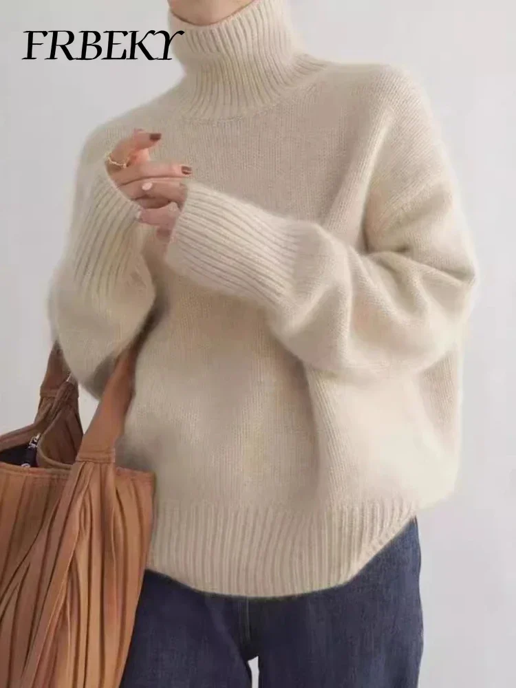 Women's Sweater Autumn Korean Fashion High Neck Knitted Jumper Solid Colour Loose Long-sleeved Knit Sweater Female Clothing
