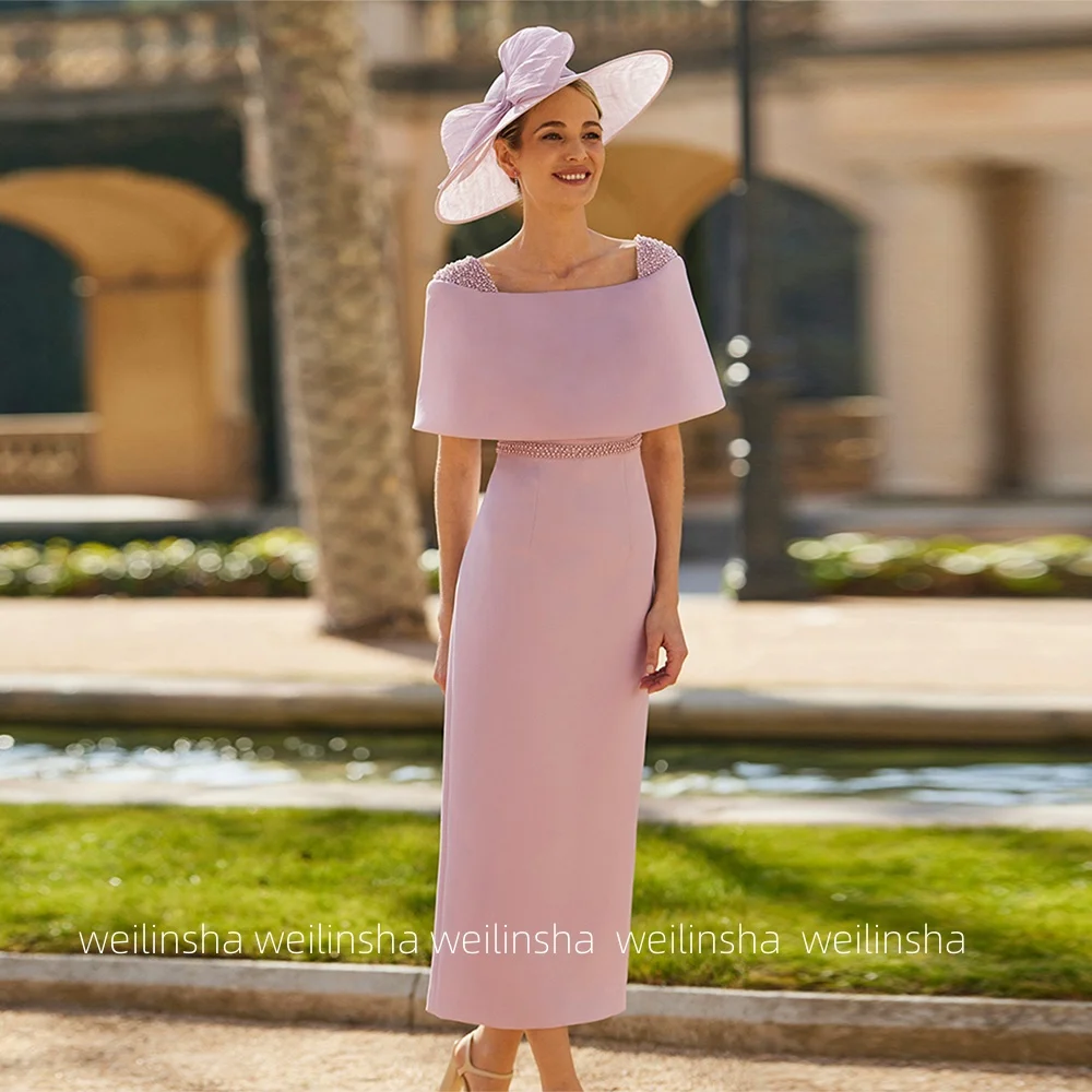 Fashion Pearls Mother of The Bride Dress Customized Off The Shoulder Ankle Length Sheath Wedding Guest Gown Party Dresses
