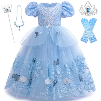 Cinderella Cosplay Kostüm Kinder Schmetterling Prinzessin Kleid Mit Krone Handschuhe Für Mädchen Image