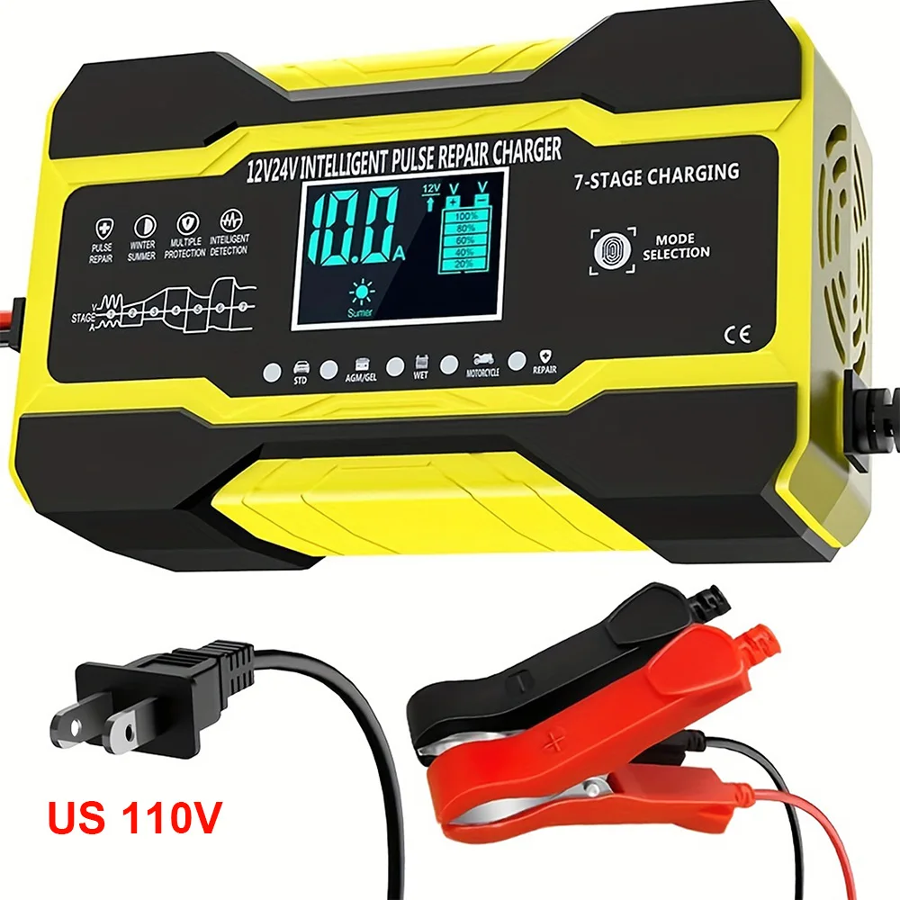 12V 10A/24V 5A Vollautomatisches Autobatterieladegerät 7-stufige intelligente Schnellladepulsreparatur für AGM GEL WET Blei-Säure-LCD-Display Image