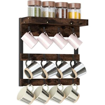 Tassenhalter Tassenhaken mit 12 Haken Hängeregal Holz Kaffeehalter Tassenregal Wand Display Image