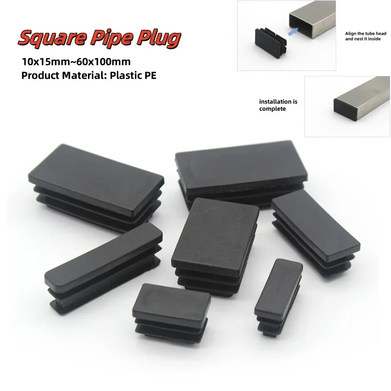 5–50 Stück Kunststoff-Endkappen, 10–60 mm, quadratischer Rohrstopfen, schwarze rechteckige Rohrstopfeneinsätze, Tisch, Stuhl, Möbel, Fußabdeckung Image