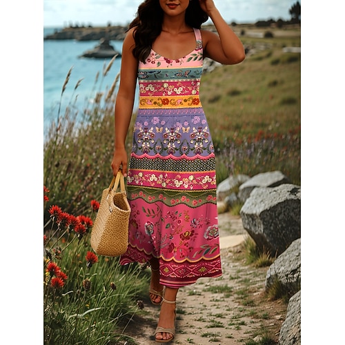 Damen Maxi-Kleid Boho A-Linie Kleid Off-The-Shoulder Kleid Urlaub Lässig Strandparty Ausgehen Standard Passform Grafik Tribal Ärmellos Quadrat-Ausschnitt Blau Schwarz Weiß Rot Sommer Frühling