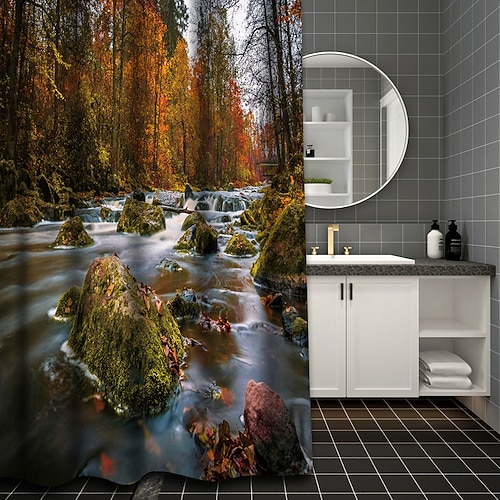 Duschvorhang mit 12 Haken 200 cm hoch duschvorhang waschbar Polyester wasserdicht Wald-Landschaftsmuster Image