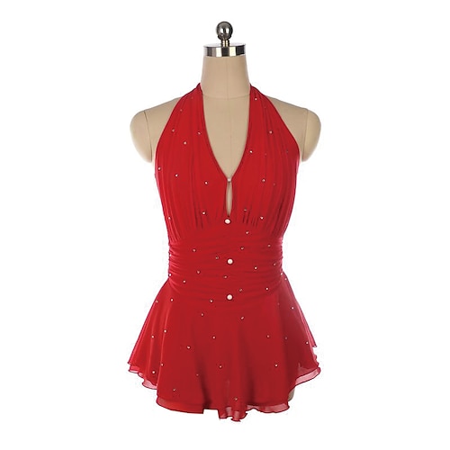 Eiskunstlaufkleid Damen Mädchen Eislaufen Kleid Rot Patchwork Daumenloch Netzstoff Spandex Dehnbar Training Übung Professionell Eiskunstlaufkleidung Thermowarm Kristall / Strass Ärmellos Eislaufen Image