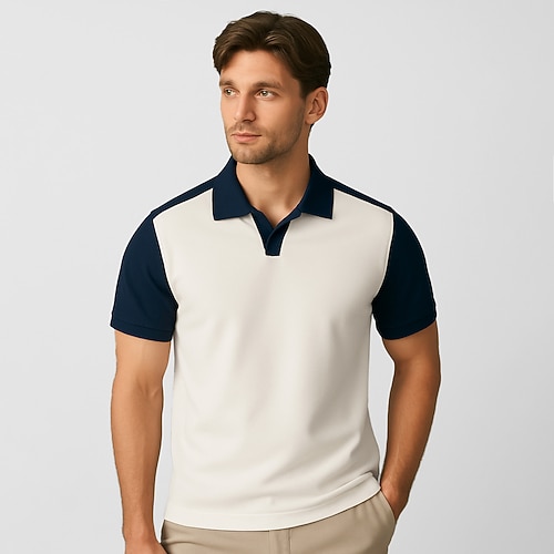 Herren Polo Arbeit Straße Möwenhalsband Kurzarm Urlaub Vintage Einfarbig Farbblock Patchwork Farbblock Sommer Frühling Weiß Polo Image