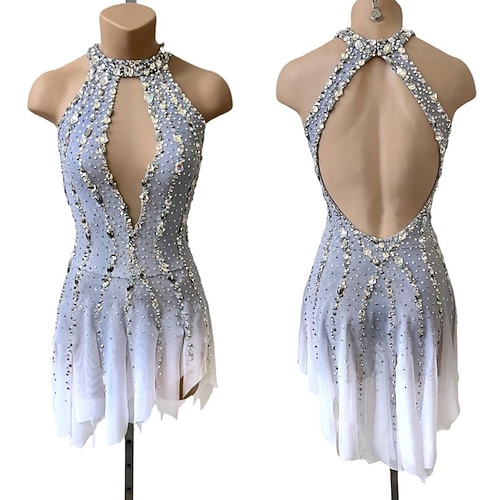 Eiskunstlaufkleid Damen Mädchen Eislaufen Kleid Silber Offener Rücken Asymmetrischer Saum Netzstoff Hohe Elastizität Training Wettbewerb Eiskunstlaufkleidung Klassisch Kristall / Strass Ärmellos Image