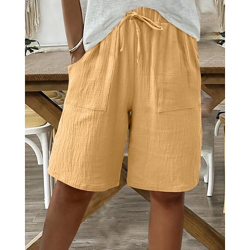 Damen 100% Baumwolle Shorts Stoffhosen Schnitt Mode Streetwear Knielang Natürliche Taille Einfach Tasche Elastisches Kordelzugdesign Bequem Außenbereich Ferien Wochenende Hellhimmelblau Grau Image