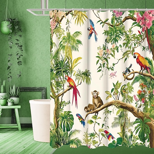 Duschvorhang mit 12 Haken 200 cm hoch duschvorhang waschbar Polyester maschinenwaschbar wasserdicht blumen tropisches Blatt-Pflanzenmuster Image