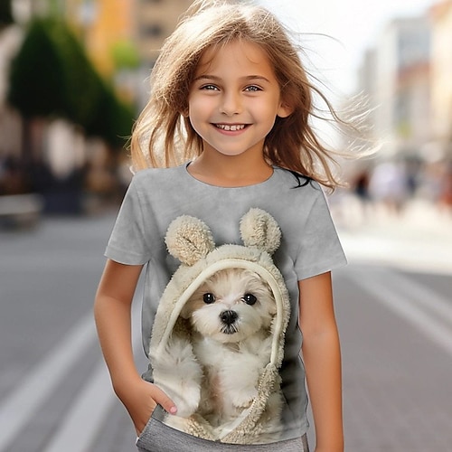 Mädchen 3D Hund T-Shirt Kurzarm Sommer Frühling Mode Basic Kinder 4-12 Jahre Rundhalsausschnitt Outdoor Lässig Täglich Normale Passform Image