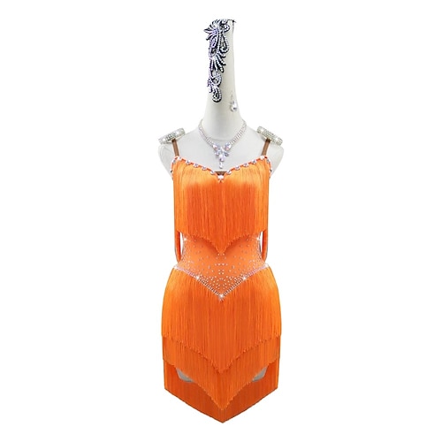 Lateinischer Salsa-Tanz Kleid Kristall / Strass Quaste Spleißen Damen Leistung Party Ärmellos Spandex Image