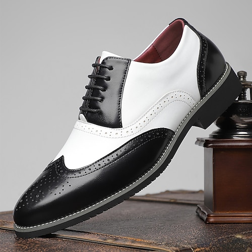 schwarz-weiße Oxford-Spectator-Schuhe mit Flügelkappe für Herren, Brogue-Abendschuhe aus echtem Leder im Gatsby-Stil für Jazzpartys im Stil der 1920er, Vintage-Hochzeiten und formelle Abendveranstaltungen Image