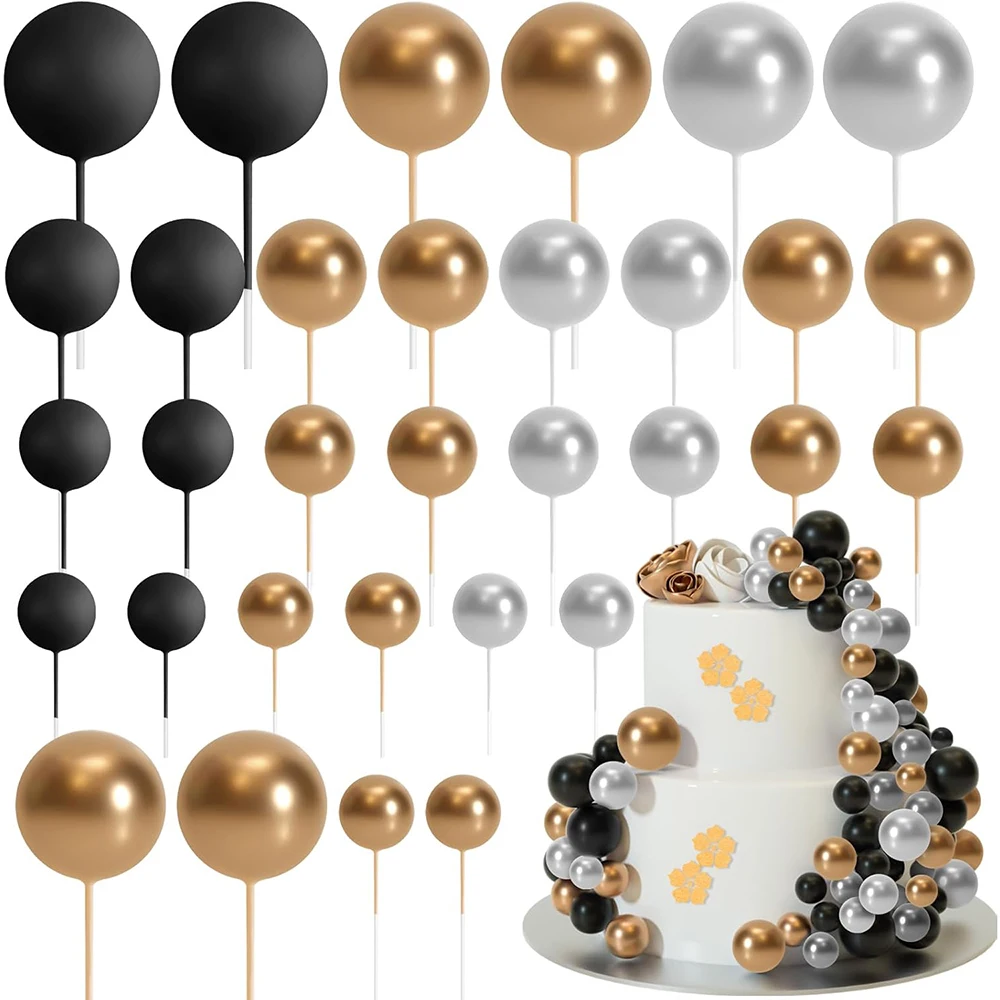 20 pz/set Cake Topper Palline Nero Oro Argento Torta Picks Palline Laurea Decor Compleanno Cottura Baby Shower Decorazione di Nozze