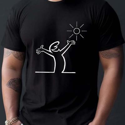 TEMU Men's Casual Crew Neck T-shirt With Geometric Sun & Graphic Print - 100% Cotton Regular Fit Short Sleeve Tee, 180gsm Lightweight Breathable Fabric For Spring/summer, Machine Washable Image