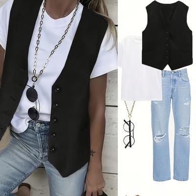 TEMU Elegant Women's Sleeveless Vest - Chic V-neck, Solid Color, Button-up Style For Fall/ Image