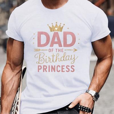 TEMU Mens Casual Crew Neck T-shirt With Dad Of The Birthday Princess Print, Short Sleeve, Polyester Knit Fabric, Regular Fit, Summer Tee Image