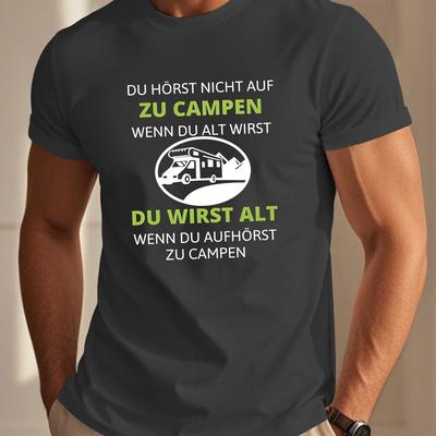 "TEMU Men's Funny German Quote Short Sleeve T-shirt - "zum Camping" Design, Black With Graphic, Casual Summer Top, Polyester Blend, Round Neck, Machine Washable, Camping Gear" Image
