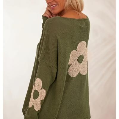 TEMU Women's Plus Size Loose Crew Neck Sweater With Floral Embroidery - Olive Green, Long Sleeves, Fall & Spring Casual Wear, Fall Casual Wear|floral Embroidery Top|nonstretch Fabric Image
