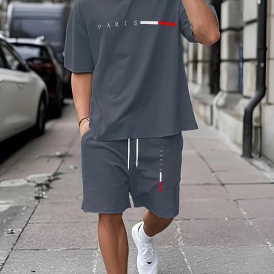 "TEMU Men's 3d Paris Shorts And T-shirt Set - Comfortable Summer Outfit With "paris" Design, Lightweight Polyester Blend, Regular Fit, Casual Attire" Image