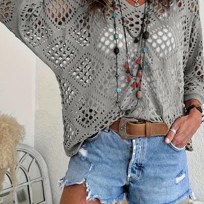 TEMU 1pc Women's Sexy Loose-fit Hollow Pullover Sweater - Light Pink Crochet Top With Floral Pattern, Round Neck, Short Sleeve, Spring/summer/fall Image