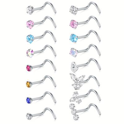 TEMU 16pcs Cute Nose Studs Set, Heart Style, Nose Studs L Shaped Nose Screw, Stainless Steel Nose Piercing Jewelry, For Daily, Party, Vacation, Gift For Day Image