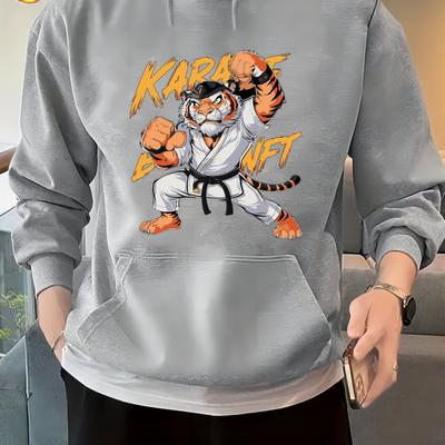 TEMU Men's Casual Karate Tiger Graphic Hoodie - Polyester Knit Fabric With Stretch, Long Sleeve, Hooded Pullover For Fall/winter Image