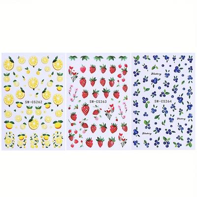 TEMU 3 Sheets Fruit Nail Art Stickers, Blueberry Lemon Leaves Pattern Self-adhesive Nail Decals, Diy Nail Decorations, Nail Art Supplies For Women And Girls Image